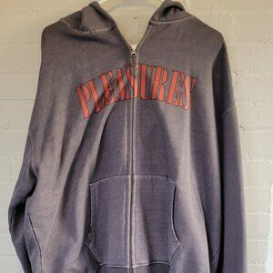 PLEASURES Distressed Zip Up Hoodie XL Charcoal Grey Arched Grunge Streetwear